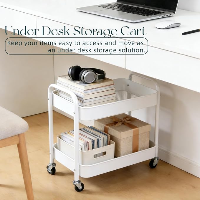 2 Pack Two Tier Rolling Cart with Wheels Small Pantry Floor Organizer Under Desk Storage Metal Short Utility Cart for Small Space, Kitchen Shelf Laundry Room Bathroom Organization, White
