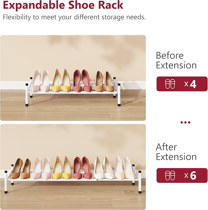 Expandable Shoe Rack for Closet 1 Tier, 28“-41“Stackable, White | Adjustable Shoe Organizer Closet Shoe Rack Floor, Metal Low Shoe Shelf Storage Entryway, Garage, Closet, Front Door Entrance