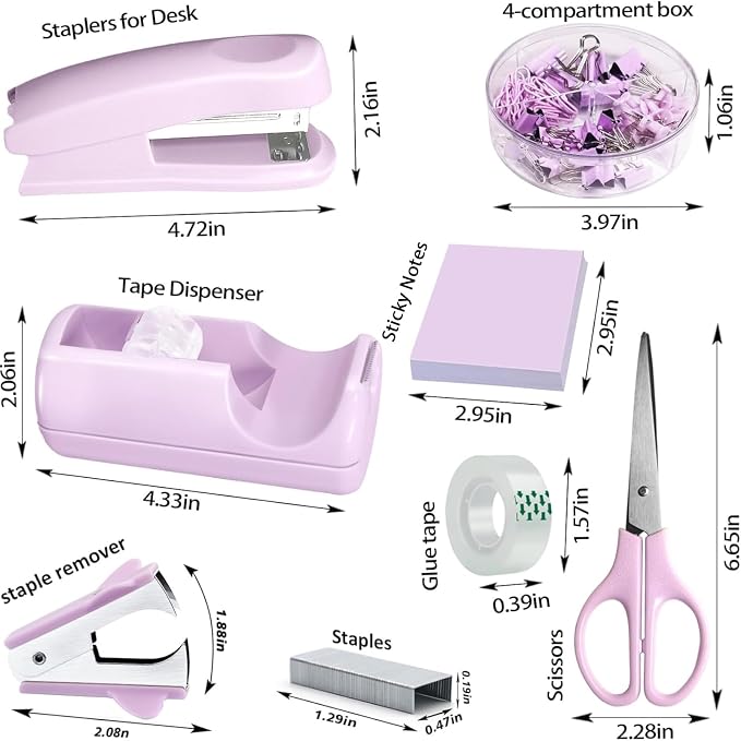 Purple Office Desk Accessories Set, Complete Supplies Kit with Organizer | Purple Office Supplies Set with Stapler, Tape Dispenser, Scissors, Clips and More for Organized Workspace