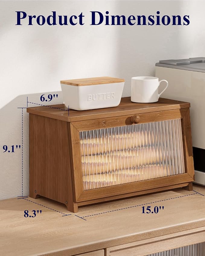 Kitsure Wooden Bread Box for Kitchen Countertop, 1-Tier, Brown | Large Capacity Kitchen Countertop Organizer, Stylish Bread Storage with Window, Multi-functional Container