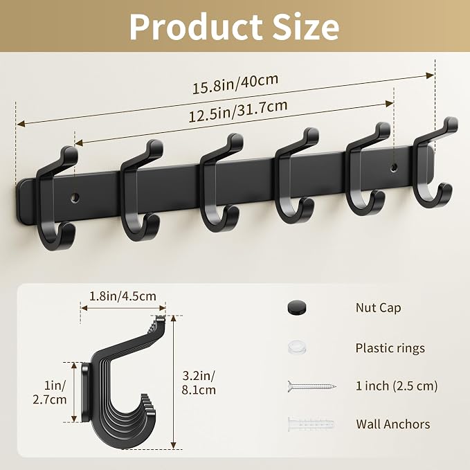 pickpiff Coat Rack Wall Mounted Heavy-Duty: Metal Coat Hanger 6 Hooks for Hanging Hat, Clothes, Robe, Keys, Backpack, Bathroom Towels, Jacket, Purse - Closet, Door, Entryway, Mudroom (Black, 1 Pack)