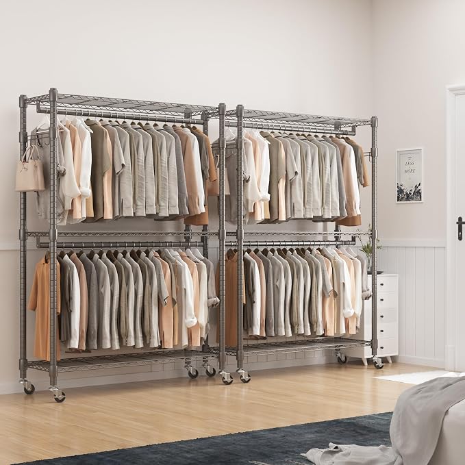 BATHWA Clothes Racks for Hanging Clothes, 25 mm tube Heavy Duty 47.3"W x 17.7"D x 80.7"H Large Wardrobe Rack with Shelves & Wheels Rolling Multifuctional for Bedroom Laundry Walk-in Closet Organizer