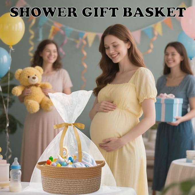 Woven Rope Basket - Baby Gift Basket with Bag & Ribbon, Jute&Brown | Cotton rope with handle, 12 x 8 x 5 in, gift bag and ribbon, for baby shower, birthday, toy storage, nursery, shelf decor