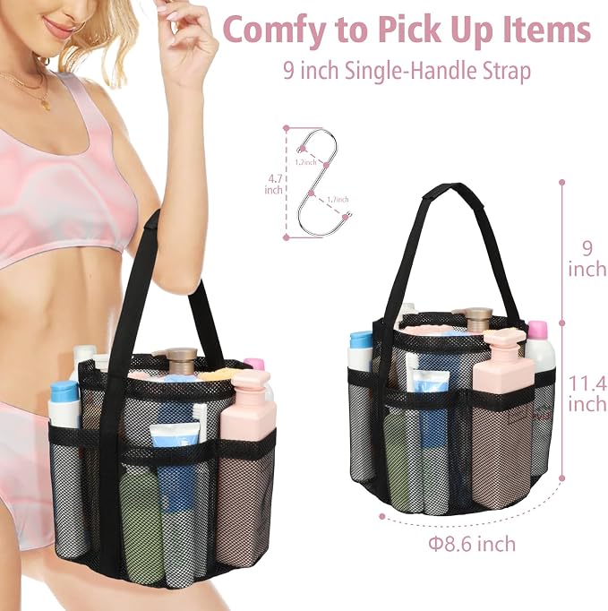 Mesh Shower Caddy Portable - 7 Pockets Large Shower Bag for Dorm, Camping | S-Hook, Quick-Dry, Hanging Toiletry Organizer, College Dorm Room Essentials for Girls, Gym, Travel & Bathroom, Black
