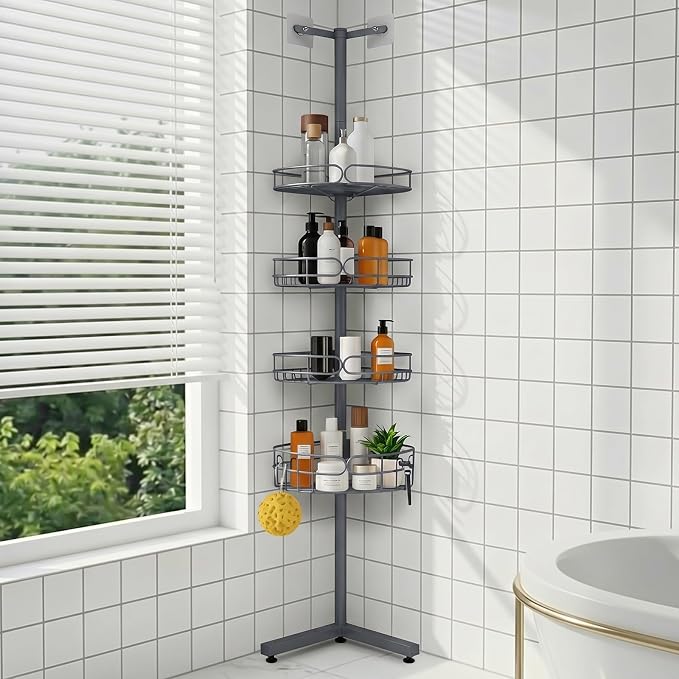 Standing Shower Caddy Corner, 4-Tier Adjustable Height Bathroom Organizer, 6-Section Pole, Sturdy Floor Standing Shelf for Shower or Bathtub – No Drilling, No Spring Tension (Gray)