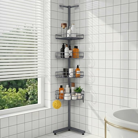 Standing Shower Caddy Corner, 4-Tier Adjustable Height Bathroom Organizer, 6-Section Pole, Sturdy Floor Standing Shelf for Shower or Bathtub – No Drilling, No Spring Tension (Gray)