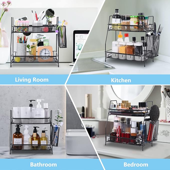 2-Tier Bathroom Countertop Organizer,Skincare, Makeup Countertop Organizers, Kitchen, Bathroom Counter Storage with Small Basket (Black)