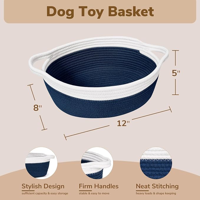 Goodpick Small Woven Rope Gift Basket Empty, 12"x 8"x 5", Navy Blue | Baby Boy Basket for Baby Showers Toys, Fit Nursery Living Room Decor, Basket for Organizing with Durable Handles