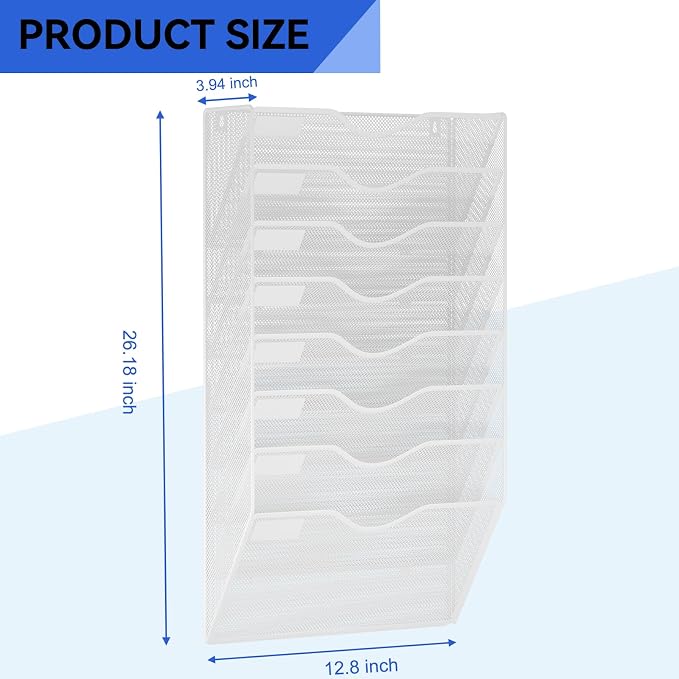 8 Pockets Mesh Hanging Wall File Holder Organizer Wall Mounted Paper Magazine Rack, White
