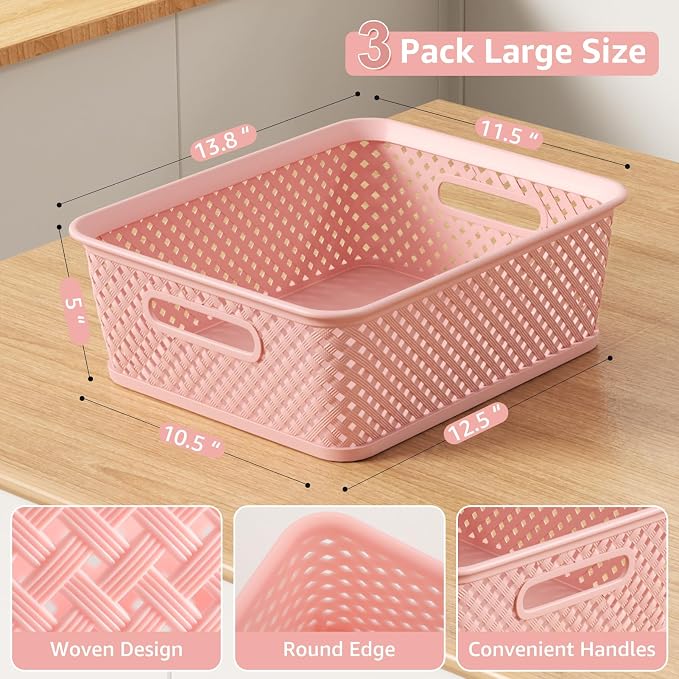 MaxGear 3 Pack Plastic Storage Baskets, Large, Pink | Durable Woven Plastic with Built-In Handles, Suitable for Shelves, Closets, Cabinets, Bathrooms and Offices