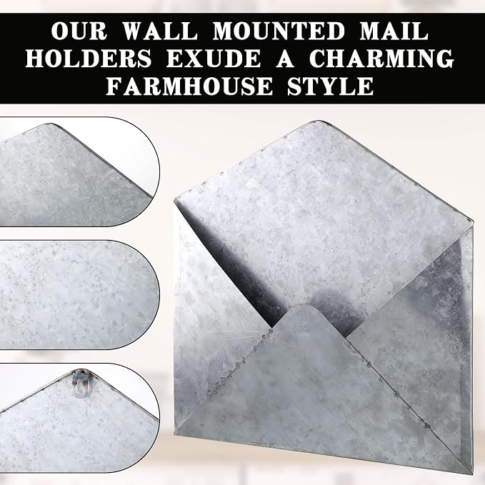 Yaocom 2 Pcs Galvanized Metal Envelope, Wall Mail Organizer Holder Mounted Rustic Wall Holder Farmhouse Pocket for Storage Mail Postcards Letters Bills Home and Office Decor
