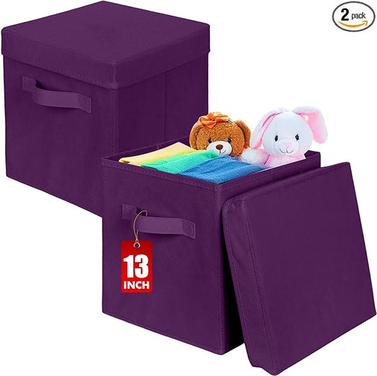 ShellKingdom Storage Bins, Foldable Fabric Storage Cube with Lid for Closet | Clothes Storage Organizer Drawer For Closet Toys Storage, 13 X 13 X 13 INCH, 2 Pack (Purple)