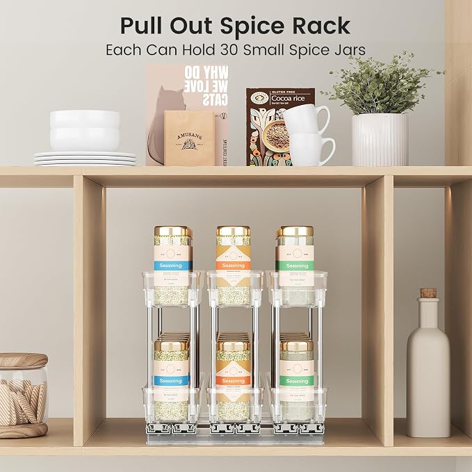 Mystozer Pull Out Spice Rack Organizer for Cabinet, Slide Out Spice Racks Organizer, Easy to Install Spice Cabinet Organizers, 8.5''Wx10.5''Dx8.3''H, 3 Drawers - 2 Tiers (Clear)