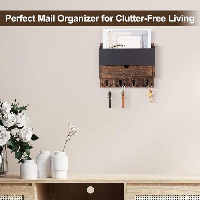 Mail and Key Holder Wall Mount with Storage Drawer & Chalkboard Panel | Modern Wooden Mail Organizer for Wall Entryway, 7 key hooks, Stylish Home Decor for Apartments, Living Room, Office