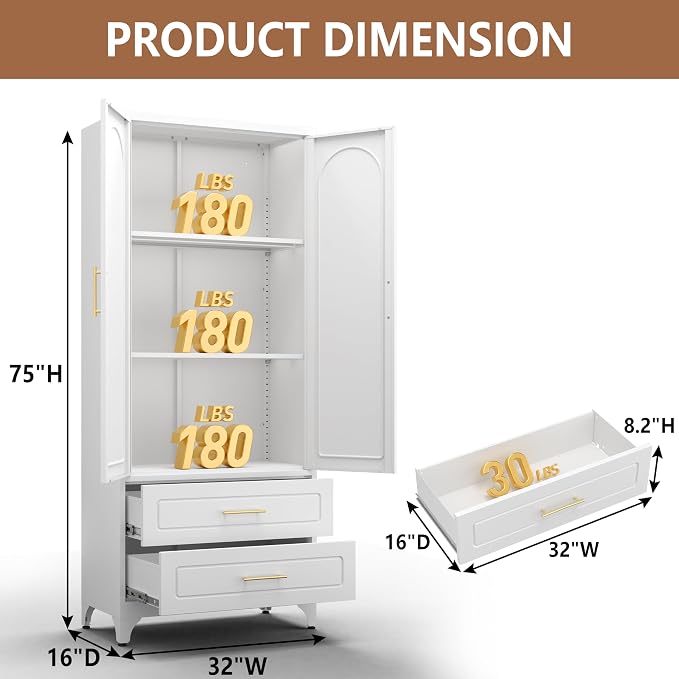 Polup 75" Tall White Metal Pantry Storage Cabinet with 2 Drawers | Heavy-Duty Steel Kitchen Cabinet, 2 Adjustable Shelves & Magnetic Doors, Leveling Feet, for Dining Living Room, Laundry