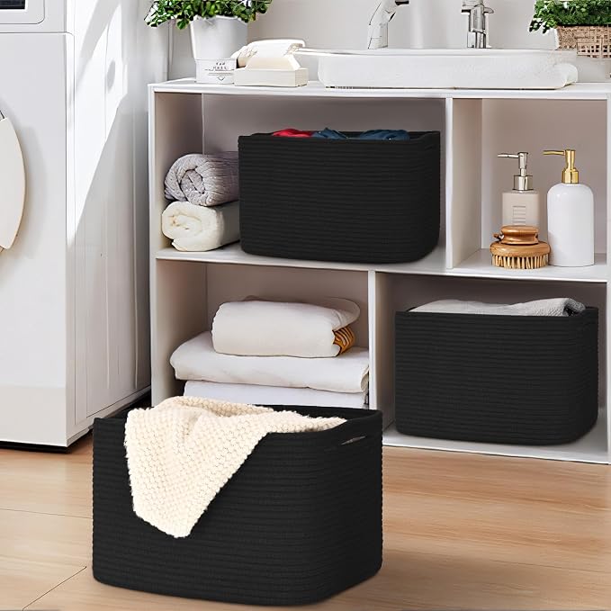 Baskets for Organizing,Storage Baskets,3 Pack Baskets for Shelfves,15"×10"×9" Woven Black Basket,toy storage bins,bins for organization