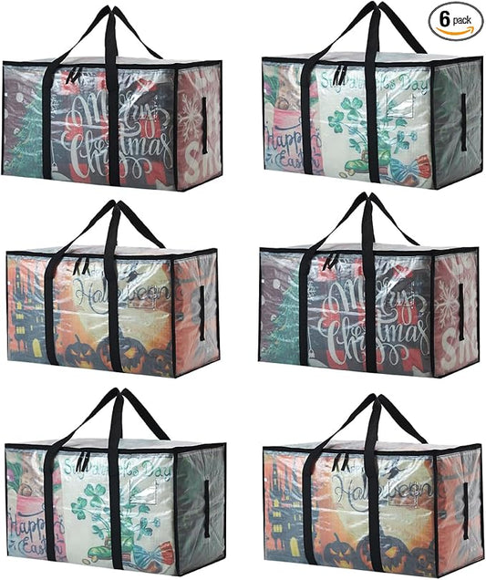 6-Pack Extra Large Clear Moving Bags with Zippers, 93L Heavy Duty Storage Totes with Wrap-Around Handles, Collapsible Clothes & Holiday Storage Bins Alternative (100lb Capacity)