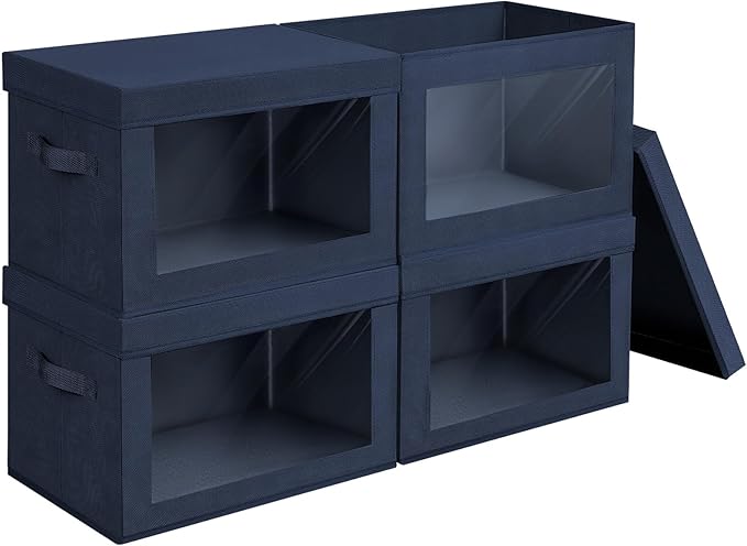 Homsorout Stackable Storage Bins with Lids - Large Storage Box with Lids, Foldable Closet Boxes for Organizing, Wardrobe Clothes Organizer with Window, Cubes Bins for Living Room, 4 Pack, Navy Blue