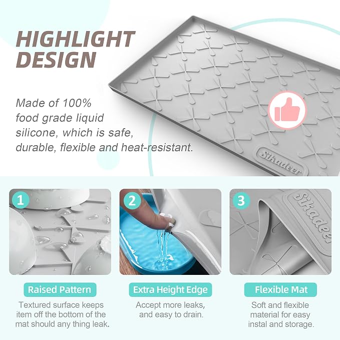 SIKADEER Waterproof Under Sink Mat Food-Grade Kitchen Shelf Liner 28" x 22" | Thick Raised Edge Cabinet Protector, BPA Free Kitchen Organizer and Storage, Non-Slip Dog & Cat Mat, Silicone Drying Mat