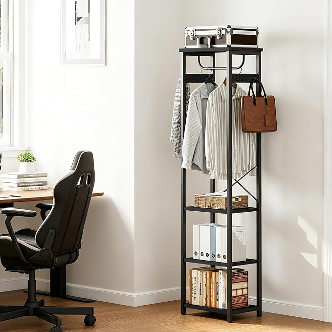 Coat Rack with Hanging Rod, Garment Rack with 3 Wooden Shelves and 4 Hooks, Freestanding Hall Tree, Industrial Clothes Rack Stand Organizer, Black