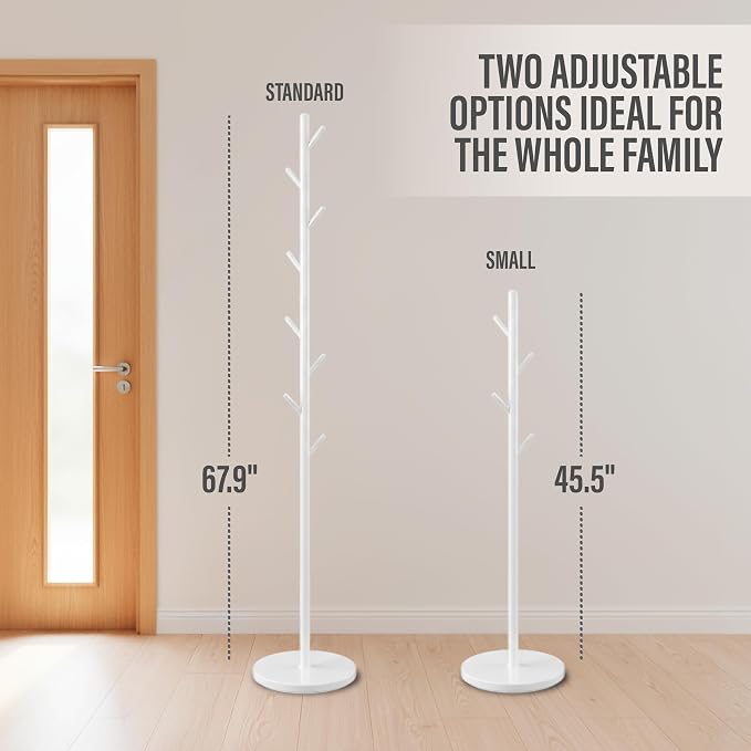 Coat Rack with Real Marble Base, Freestanding Metal Clothing Rack with 8 Hooks, Modern Hall Tree for Entryway, Bedroom & Office, Space Saving Coat Hanger Stand for Small Spaces (White)