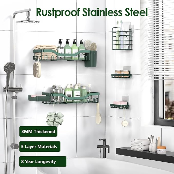 NESOMI Shower Caddy Adhesive Shower Organizer 7-Pack, Rustproof Stainless Steel Bathroom Shelves, Large Capacity No-Drill Rack Storage Accessories with Soap Dish Toothbrush Holder Hooks