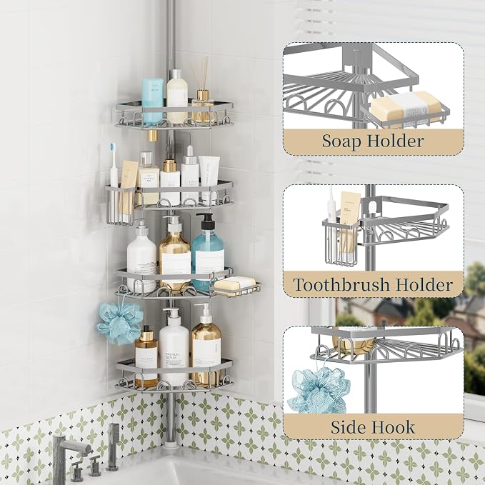 Consumest Shower Caddy Tension Pole, Shower Caddy Corner, Silver, 4 Tier | 304 Stainless Steel Rustproof, Adjustable 27.6-108.3 Inch, Corner Shower Shelves, Brush & Soap Holder