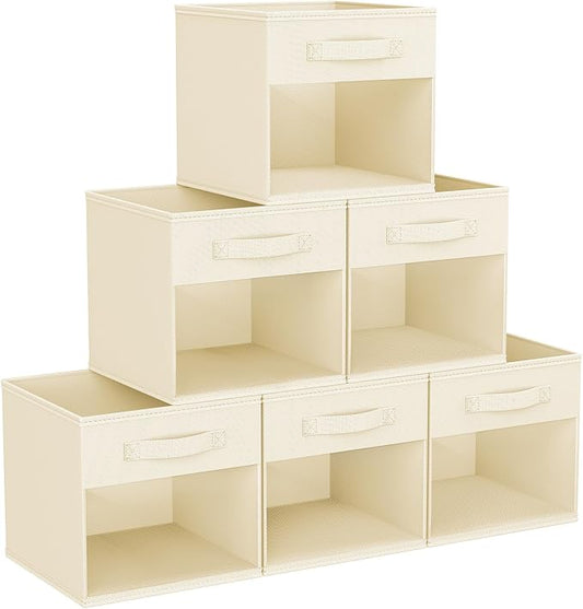 DIMJ Cube Storage Bin, 6 Packs Collapsible Storage Bins with Handles, Fabric Bins for Organization, Cube Storage Organizer Bins for Closet Organization and Storage, Beige
