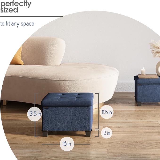 Storage Ottoman Cube with Small Bin, 16-in Square Ottoman with Storage for Living Room and Bedroom, Small Ottomans Foot Rest, Fabric Foot Stools Ottomans Max 330lbs, Blue