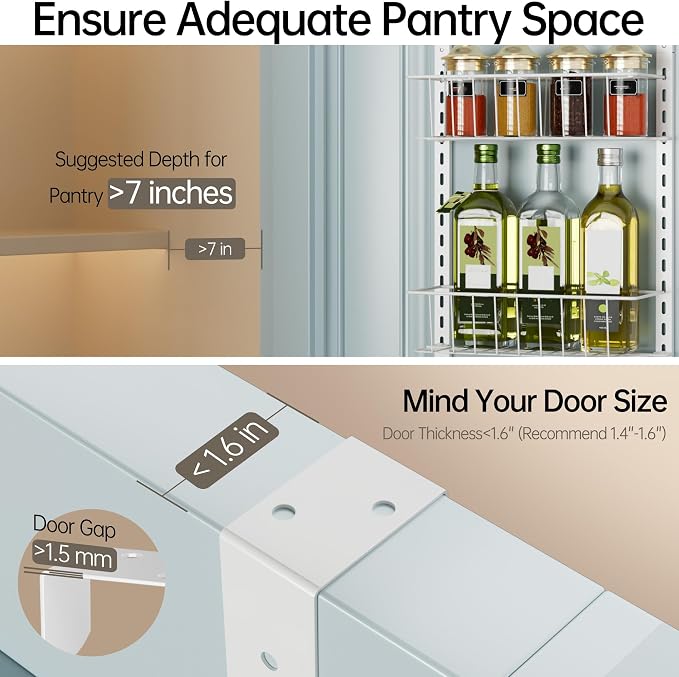 Delamu Pantry Door Organizer, Adjustable Metal Over the Door Pantry Organizer Rack, 6-Tier Over the Door Spice Rack, Kitchen Pantry Door Organizers and Storage, D5 W12 H52.1 inch, White, Small