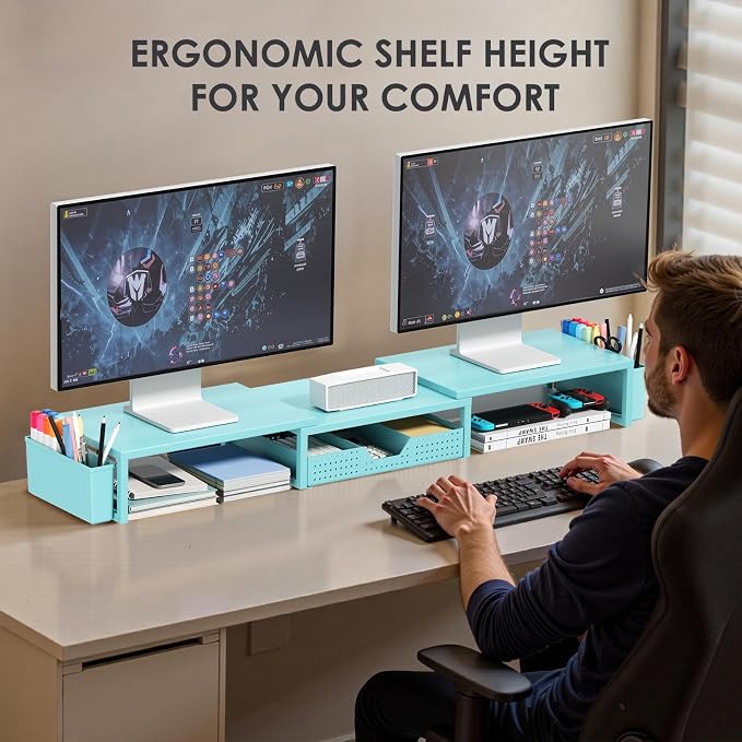 OPNICE Desk Organizers and Accessories, Dual Monitor Stand Riser with Drawer and 2 Pen Holders, Desk Shelf Computer Monitor Stand for Office Workspace Organizers, Desktop Organization (Blue)