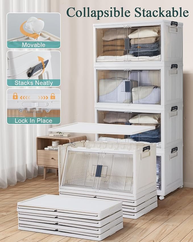 OlarHike 97QT Lockable Stackable Storage Bins with Lids - Folding Box with Doors & Wheels, Collapsible Plastic Cabinets for Closets and Organization, Garage, Office, College, School, Shelves, 4 Pack