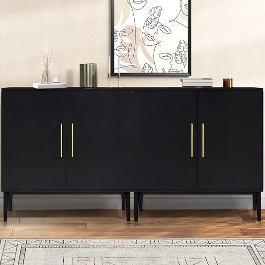Set of 2 Black Storage Cabinet with Doors, Modern Accent Cabinet, Free Standing Cabinet with Adjustable Shelf, Wooden Buffet Sideboards for Living Room, Kitchen, Dining Room, Entryway