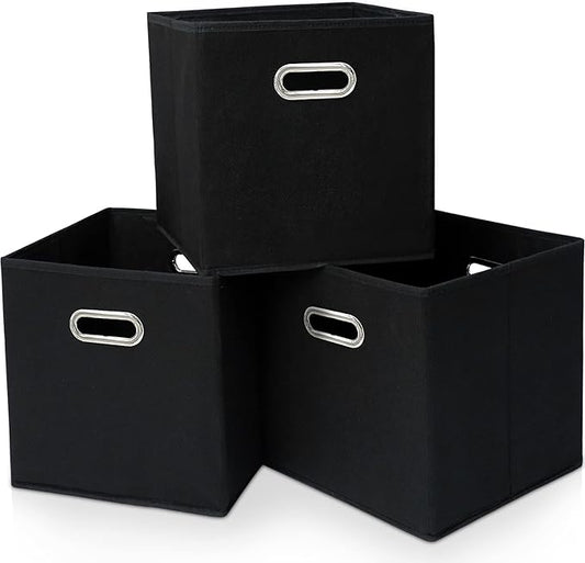Black Fabric Cubby Storage Bins，13x13x13 Inches ，Cube Organizer Bin Foldable Storage Boxes with Dual Handles Fabric Organizer Box and collapsible Storage basket，Set of 3 ，Black