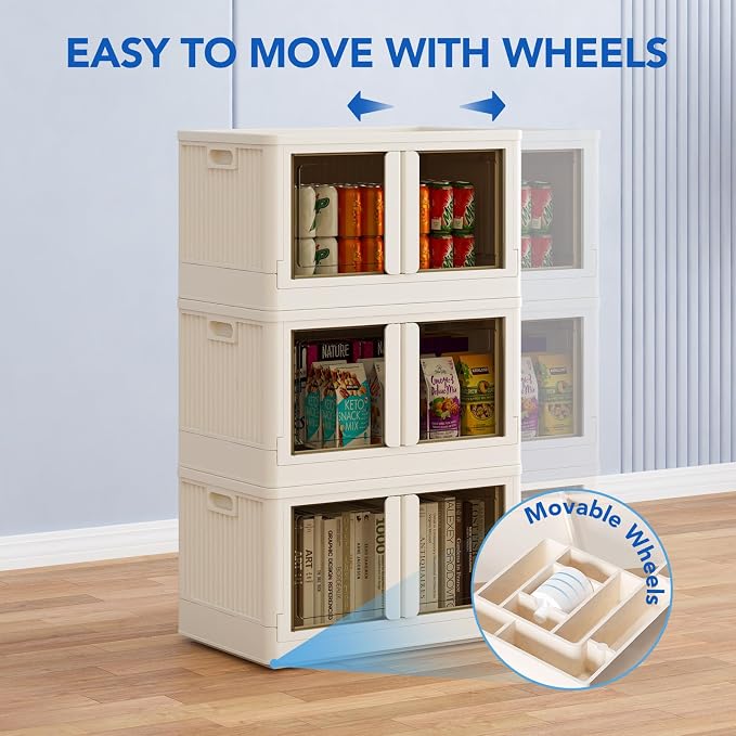 FLEXIMOUNTS 152 QT Stackable Plastic Storage Bins With Lids, Milky White | Collapsible Foldable Storage Bins with Front Doors and Built-in Wheels, Organizers and Storage for Home, Dorm, 2 Pack Cubes