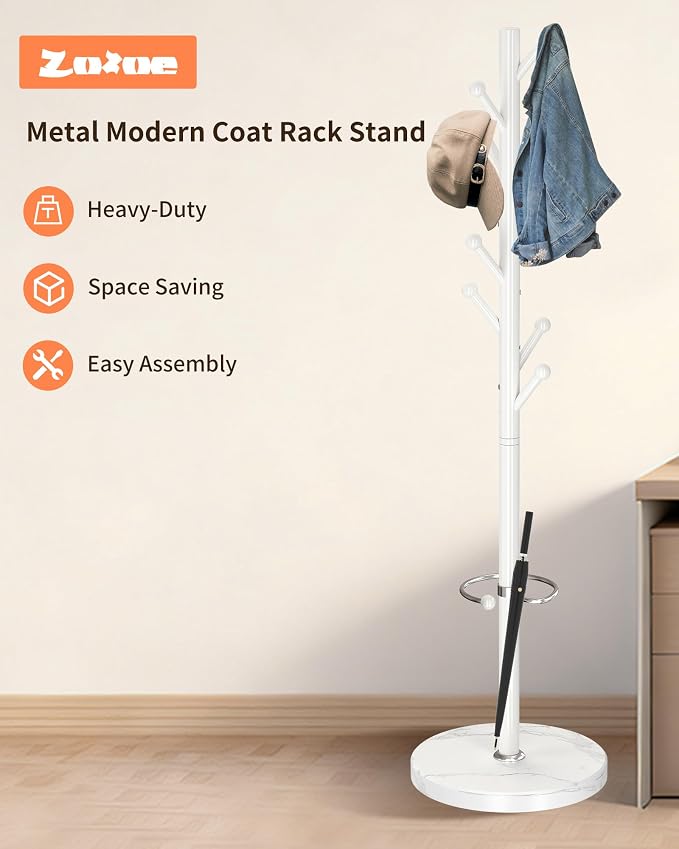 ZOZOE Coat Rack Stand, White Coat Rack Freestanding with Umbrella Holder | Coat Rack with Natural Marble Base,Modern Coat Stand with 8 Hooks,Clothes Tree Stand for Bags Hats in Hallway Entryway Corner