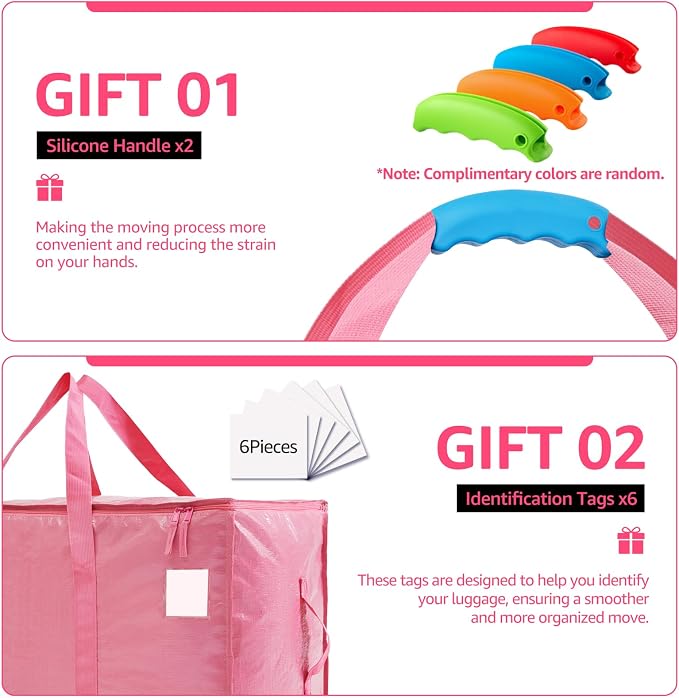 Moving Bags Heavy Duty Extra Large, Moving Boxes, Moving Supplies Essentials,Storage Bins with Lids, Plastic Packing Totes, Storage Bags for Clothes with Handles & Zippers(Pink, 6 Pack)