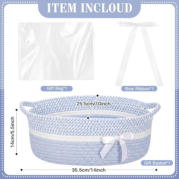Colingmill 1 Set Woven Empty Basket for Gift,Blue White | with Cellophane Wrap Set, 14 x 10 x 5.5 Inch, Medium Decorative Gift Basket, Cotton Rope Storage Box, Home Decor