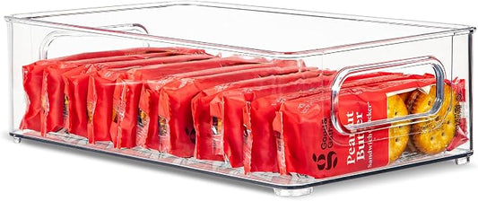 Plastic Food Storage Clear Container Bin with Handles for Organizing Kitchen, Pantry, Refrigerator, Freezer, Pantry, Cabinet, Closet, Bathroom. Stackable 10”x6”x3”