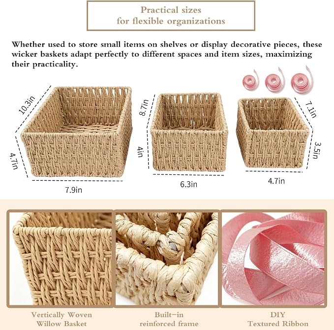 Small Wicker Basket 3-Piece Set: Handwoven Natural Paper Rope Storage Baskets for Organization, Storage, and Home Decor (With a ribbon)
