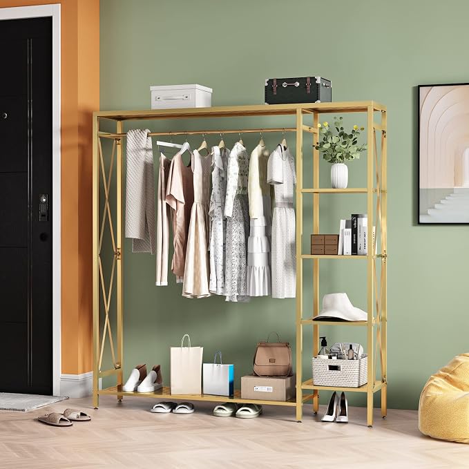 TIEOU Modern Gold Clothes Racks Free-Standing, Gold Clothing Rack with Shelves for Boutiques, Heavy Duty Garment Rack for Hanging Clothes, Large Wardrobe Closet(59''L)