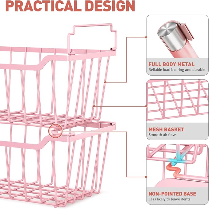 Goovilla Freezer Organizer Bins for 5-7 Cu.FT Chest Freezer, 4 Pack Pink | Foldable Handle Stackable Freezer Baskets, Coated Metal Freezer Storage Bins with Better Space Utilization, Deep Organization
