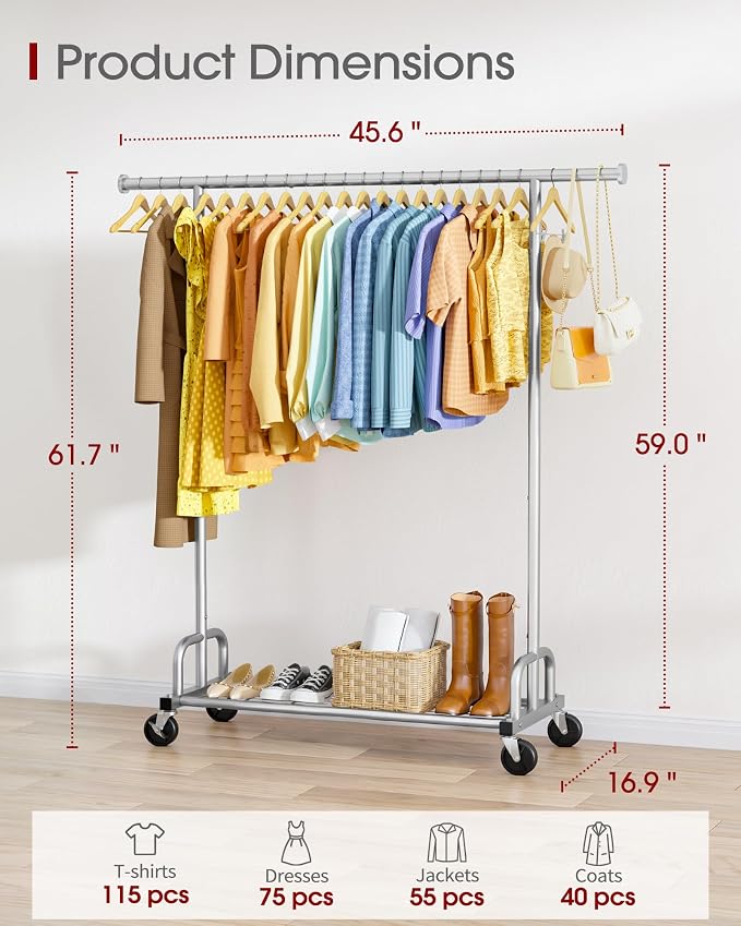 Sakugi Clothes Rack - Large-Capacity Clothing Racks for Hanging Clothes with Lockable Wheels, Space-Saving Metal Coat Rack for Bedroom, Laundry Room, Entryway, 45.6" x 16.9" x 59", Silver