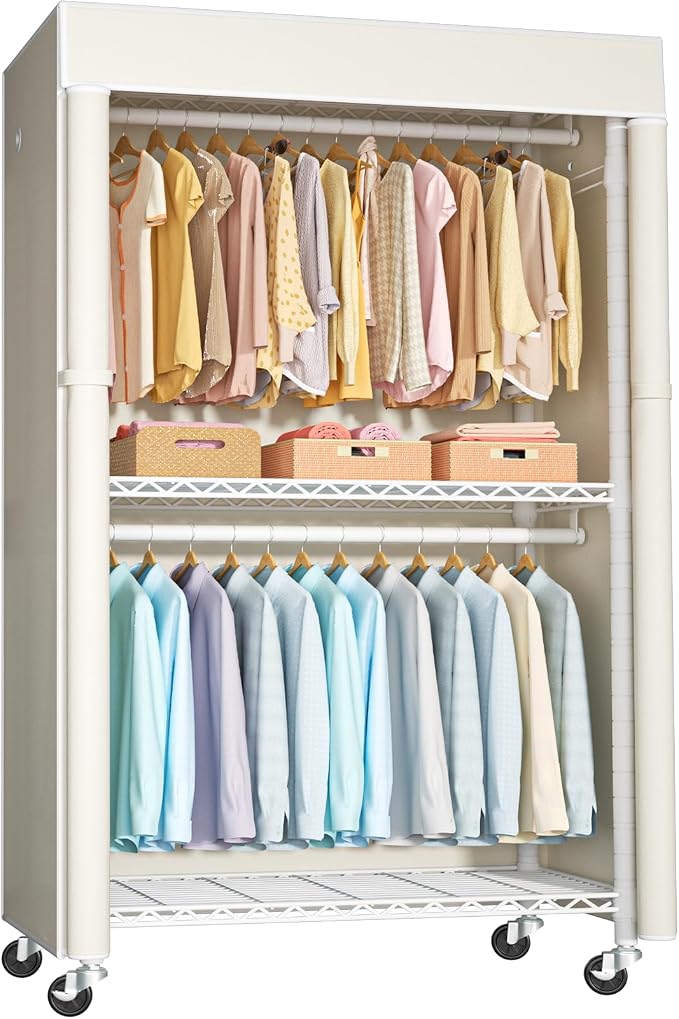 White Clothing Rack with Beige Cover, P1C Rolling Closets with Wheels, Metal Garment Rack for Hanging Clothes, Clothing Storage Wardrobe, 36.2" W x 16.5" D x 80.5" H, Load 450 Pounds