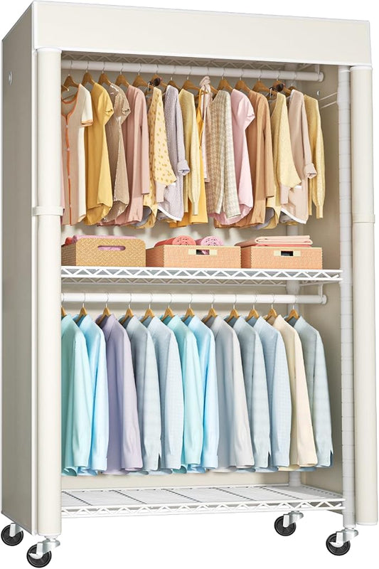 White Clothing Rack with Beige Cover, P1C Rolling Closets with Wheels, Metal Garment Rack for Hanging Clothes, Clothing Storage Wardrobe, 36.2" W x 16.5" D x 80.5" H, Load 450 Pounds