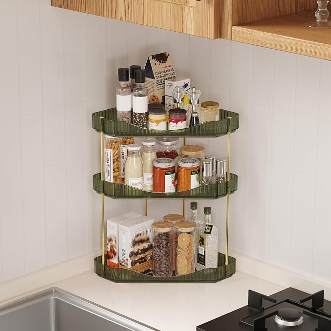 Lifewit 3 Tier Corner Bathroom Counter Organizers and Storage, Green | Plastic Makeup Skincare Organizers Countertop, Large Sink Cosmetic Perfume Shelf for Bedroom, Dresser, Kitchen, Vanity
