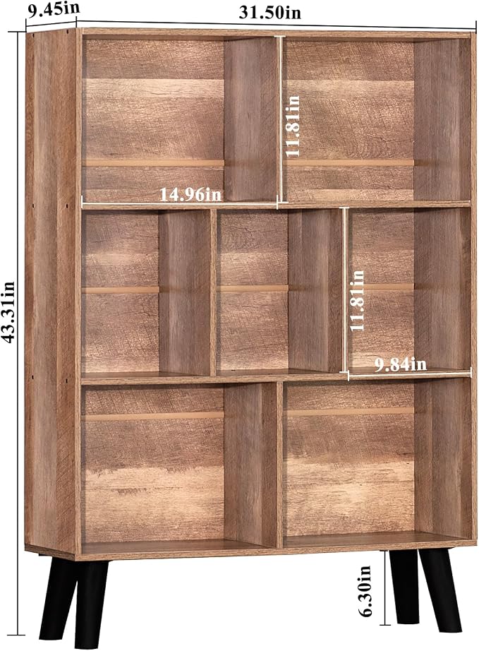 LEYAOYAO Cube Bookshelf, Mid-Century Modern Book Shelf with Legs, Oak | 3 Tier Bookcase, Rustic Wood Bookshelves Freestanding Small Storage Organizer, Open Shelves for Bedroom, Living Room, Office