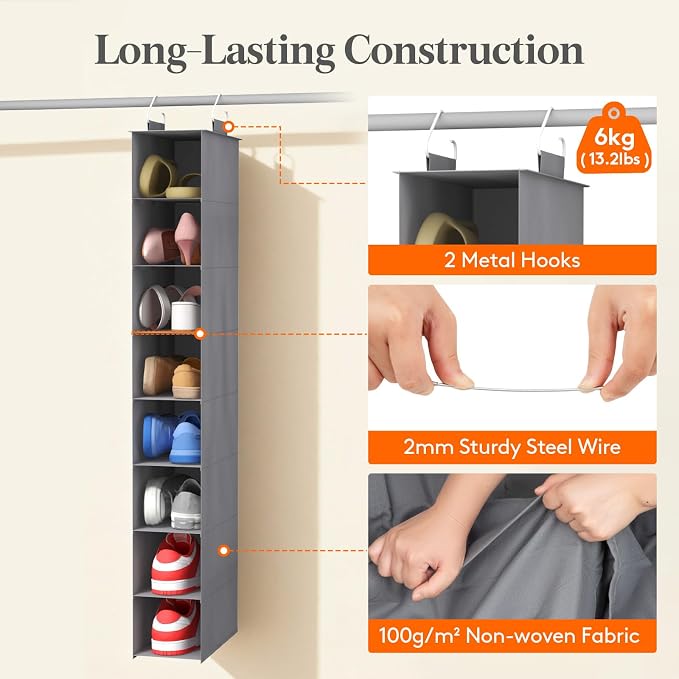 Lifewit 8 Section Hanging Shoe Storage Organizer for Closet Foldable, Gray | Folding Shoe Racks, Fabric Shoes Storage with Two Hangers, Closet Organizers and Storage for Wardrode, Dorm
