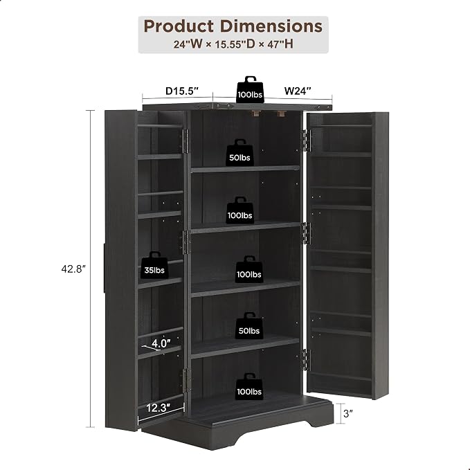 47" Tall Wooden Pantry Storage Cabinet with Door Shelves | Farmhouse, Barn Doors, Adjustable Shelves, Freestanding, Anti-tip Kit, for Kitchen, Dining Room, Living Room