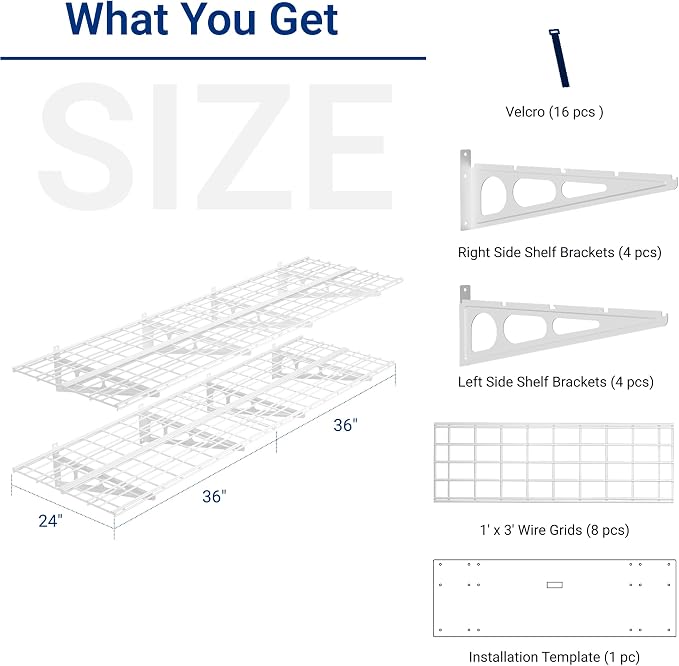 FLEXIMOUNTS 2-Pack 2x6ft Garage Shelving with Hooks, 1400lbs Load, White | 24"x72" Wall Shelf Garage Storage Rack Floating Shelves for Garage Workshop, Rustproof Seamless Grid Design, Classic Series